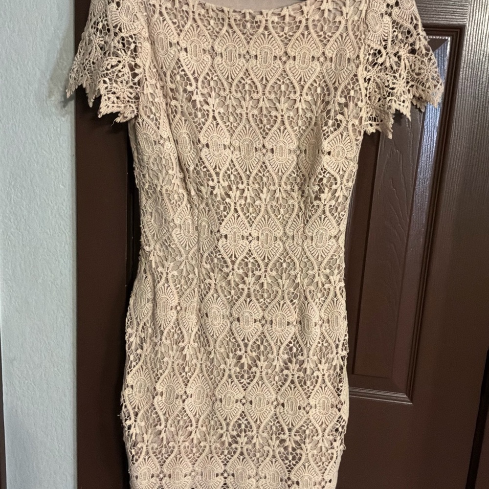 Lace Overlay Short Sleeve Dress in Beige